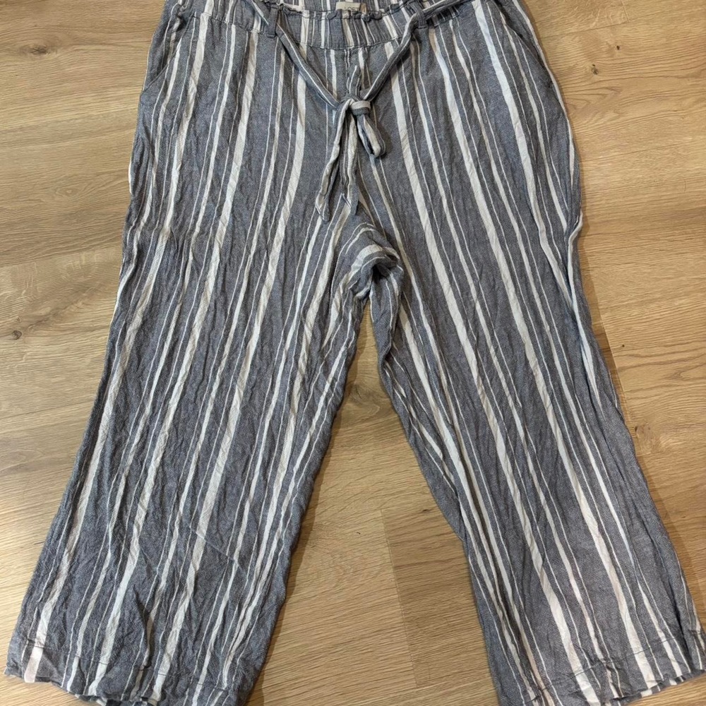 Grey and white striped wide leg linen pants